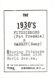 1972 TCMA The 1930's #NNO Freddie Fitzsimmons / Bump Hadley Back