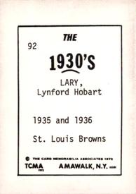 1972 TCMA The 1930's #92 Lynford Lary Back