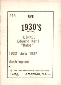 1972 TCMA The 1930's #213 Ed Linke Back