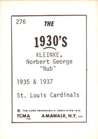 1972 TCMA The 1930's #276 Nub Kleinke Back