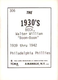 1972 TCMA The 1930's #306 Walter Beck Back