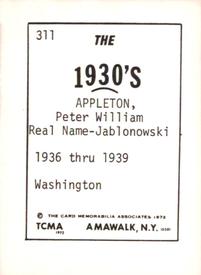 1972 TCMA The 1930's #311 Pete Appleton Back