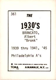 1972 TCMA The 1930's #361 Al Brancato Back