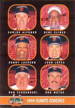 1999 Keebler San Francisco Giants #28 Coaches & Checklist (Carlos Alfonso / Gene Clines / Sonny Jackson / Juan Lopez / Ron Perranoski / Ron Wotus) Front