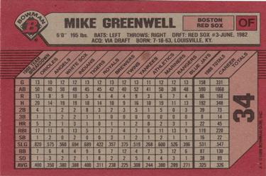 1989 Bowman #34 Mike Greenwell Back
