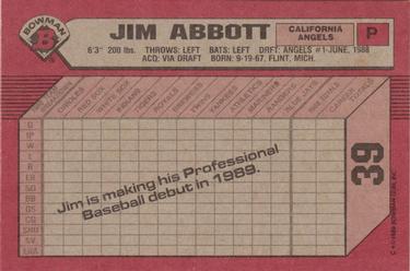 1989 Bowman #39 Jim Abbott Back