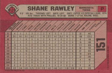 1989 Bowman #151 Shane Rawley Back