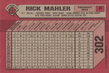 1989 Bowman #302 Rick Mahler Back