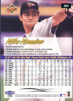 1998 Ultra #204 Mike Mussina Back
