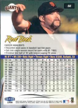 1998 Ultra #56 Rod Beck Back