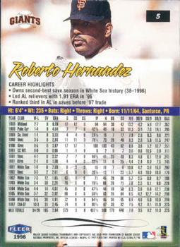 1998 Ultra #5 Roberto Hernandez Back