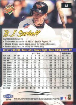1998 Ultra #92 B.J. Surhoff Back