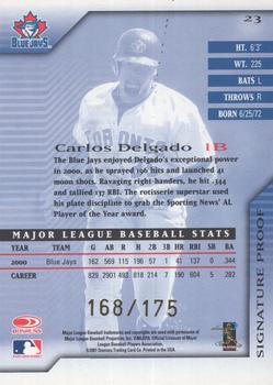2001 Donruss Signature - Proofs #23 Carlos Delgado  Back