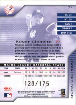 2001 Donruss Signature - Proofs #71 Roger Clemens  Back