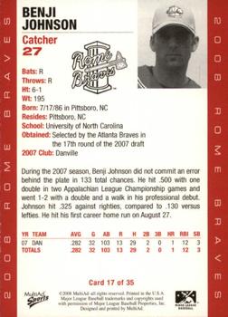 2008 MultiAd Rome Braves #17 Benji Johnson Back