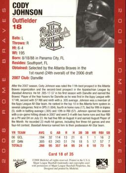 2008 MultiAd Rome Braves #18 Cody Johnson Back