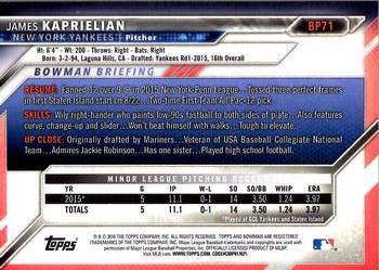 2016 Bowman - Prospects #BP71 James Kaprielian Back