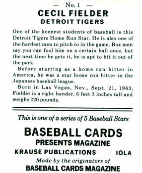 1991 Baseball Cards Presents Baseball Card Boom Repli-cards #1 Cecil Fielder Back