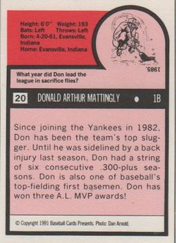 1991 Baseball Cards Presents Superstar and Rookie Special Repli-Cards #20 Don Mattingly Back