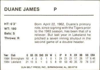 1985 Sun Belt Press Birmingham Barons #NNO Duane James Back