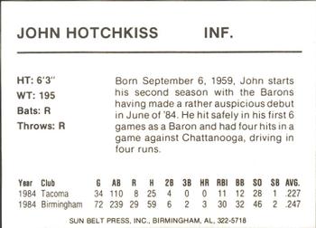 1985 Sun Belt Press Birmingham Barons #NNO John Hotchkiss Back