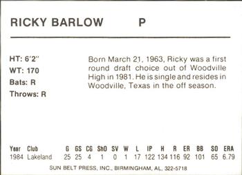 1985 Sun Belt Press Birmingham Barons #NNO Ricky Barlow Back