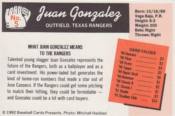1992 Baseball Cards Presents Investor's Guide to Baseball Cards Repli-Cards #5 Juan Gonzalez Back