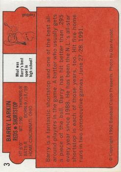 1992 Baseball Cards Presents Beginners Guide to Card Collecting Repli-Cards #3 Barry Larkin Back