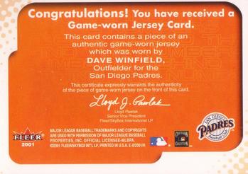 2001 Fleer E-X - Behind the Numbers Game Jersey #NNO Dave Winfield Back