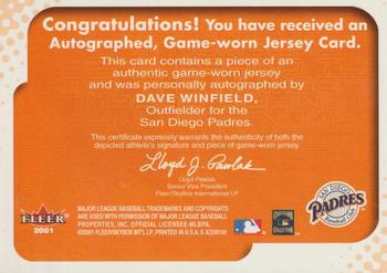 2001 Fleer E-X - Behind the Numbers Game Jersey Autograph #41 Dave Winfield Back