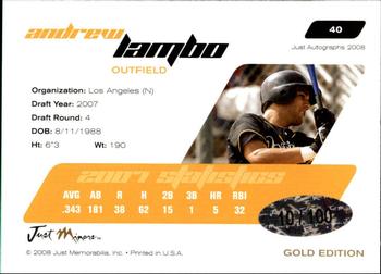 2008 Just Autographs - Gold #40 Andrew Lambo Back