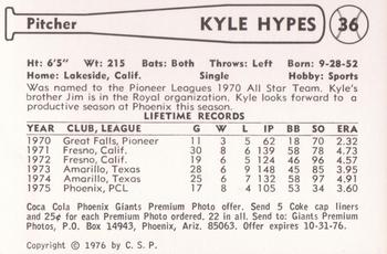 1976 Cramer Phoenix Giants #NNO Kyle Hypes Back