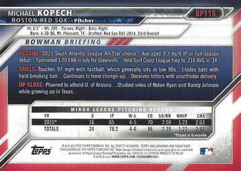 2016 Bowman - Prospects Silver #BP115 Michael Kopech Back