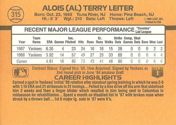 1989 Donruss #315 Al Leiter Back