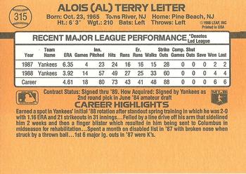 1989 Donruss #315 Al Leiter Back