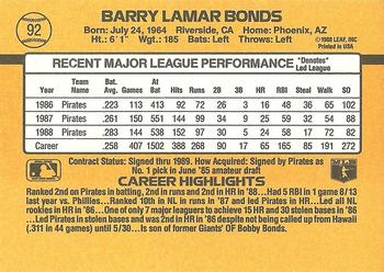 1989 Donruss #92 Barry Bonds Back