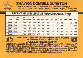 1989 Donruss #137 Shawon Dunston Back