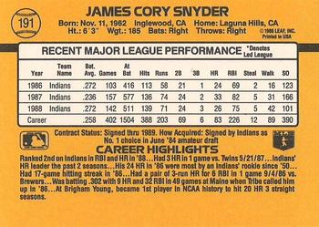 1989 Donruss #191 Cory Snyder Back
