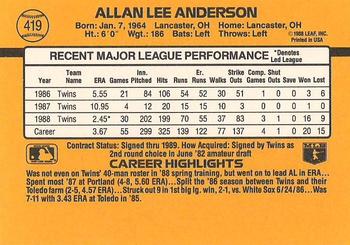1989 Donruss #419 Allan Anderson Back