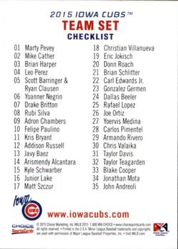 2015 Choice Iowa Cubs #NNO Checklist Back