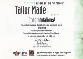 2001 Fleer Legacy - Tailor Made #NNO Dave Winfield  Back