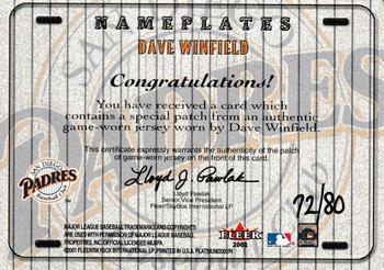 2001 Fleer Platinum - Nameplates #NNO Dave Winfield Back