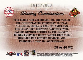 2001 Fleer Platinum - Winning Combinations #28 WC Yogi Berra / Cal Ripken, Jr. Back