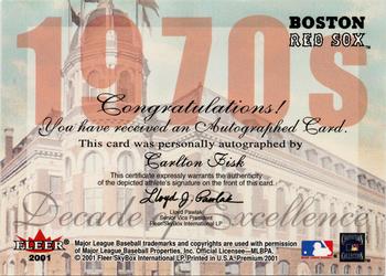2001 Fleer Premium - Decades of Excellence Autograph #NNO Carlton Fisk Back