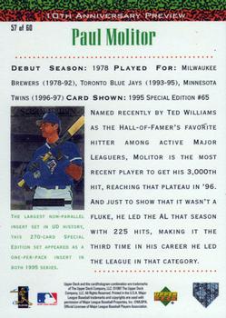 1998 Upper Deck - 10th Anniversary Preview #57 Paul Molitor Back