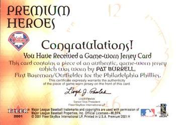 2001 Fleer Premium - Heroes Game Jersey #NNO Pat Burrell  Back