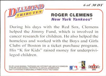 2001 Fleer Tradition - Diamond Tributes #6 DT Roger Clemens Back