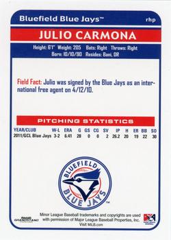 2012 Grandstand Bluefield Blue Jays #NNO Julio Carmona Back
