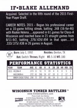 2016 Choice Wisconsin Timber Rattlers #01 Blake Allemand Back