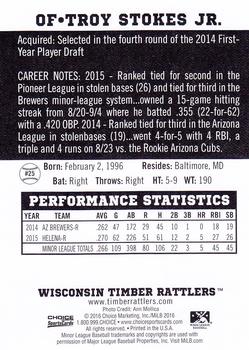 2016 Choice Wisconsin Timber Rattlers #25 Troy Stokes Jr. Back
